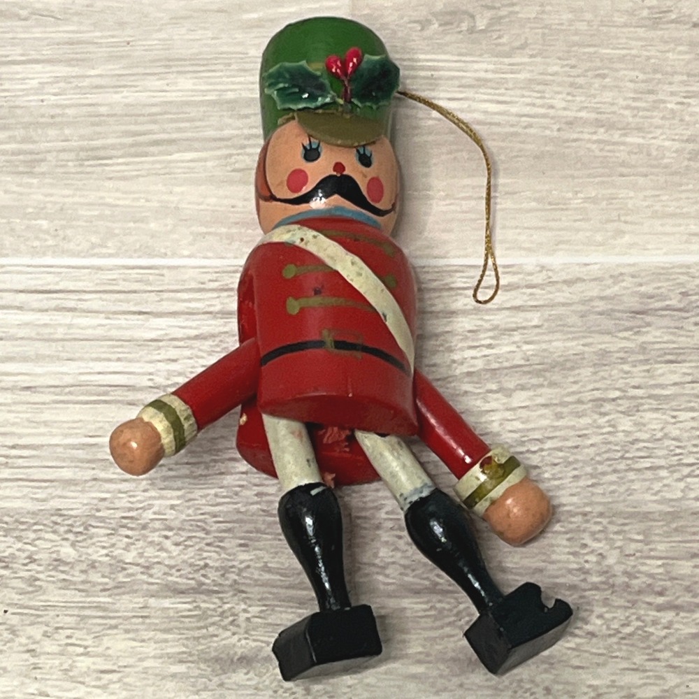 Vintage Wooden Soldier Christmas Ornament Nutcracker Style‎ Red Coat Green Hat